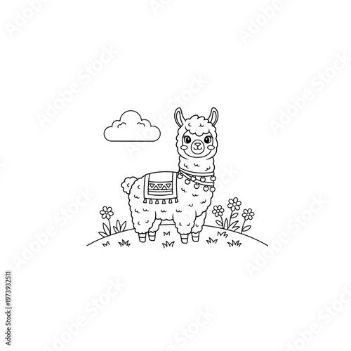 Cute cartoon llama in field with cloud line art with perfect for children's