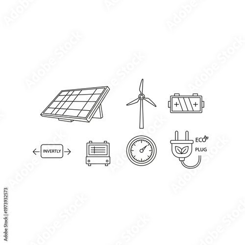 Alternative energy and backup power doodle line icons set with eco plug