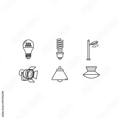 Various light source and fixture outline icons set