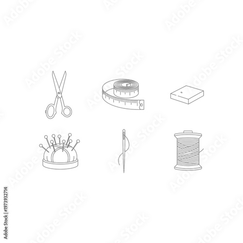 Outline icons set of sewing equipment and crafting supplies