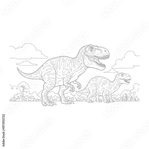 Two tyrannosaurus rex dinosaurs coloring page in prehistoric landscape