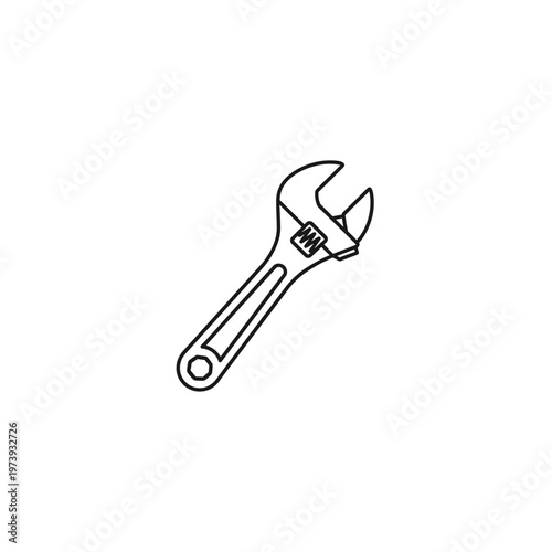 Adjustable wrench line art icon with a simple black and white line art illustrat
