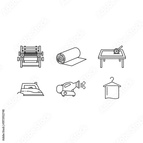 Textile production and clothing care tools outline icon set