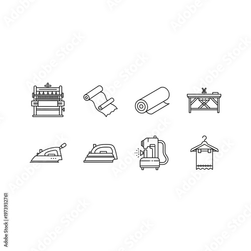 Fabric manufacturing and garment care line icons collection