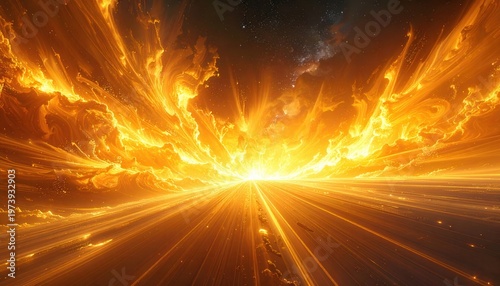 宇宙空間で激しく燃え上がる黄金の炎と光の爆発を描いた抽象的な背景素材。ダイナミックな光線と渦巻く火炎がエネルギーの放出を表現しており、SF映画のワンシーンのような壮大でドラマチックな視覚効果をもたらす高品質なデジタルアートワーク。