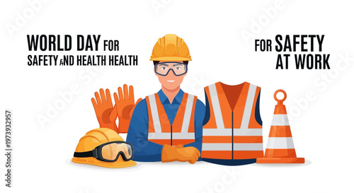 A vector illustration promotes World Day for Safety and Health at Work, featuring a worker in safety gear alongside equipment like a hard hat and vest against a clean white backdrop