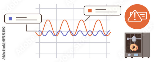 Data analysis, monitoring systems, risk alerts, 3D printing processes, technology management, workflow optimization. Graphs with highlighted points and warning symbol, alongside a 3D printer