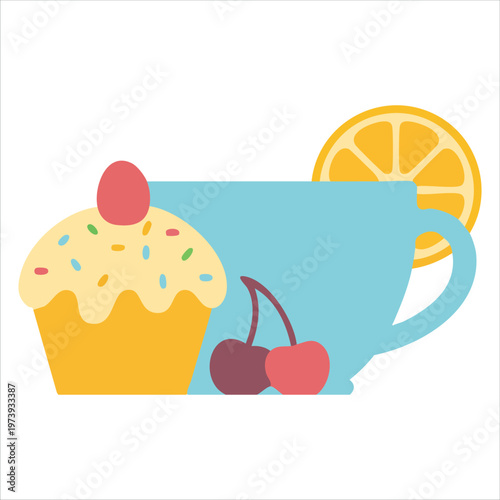 Easter Cake With White Fondant Powder And Cherry Tea Cup Lemon Mint On White Background