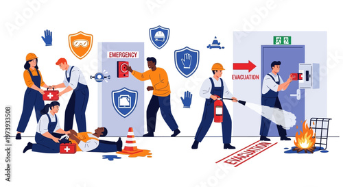 Vector illustration depicting the World Day for Safety and Health at Work, showing workers in an industrial setting responding to an emergency, extinguishing a fire and providing first aid