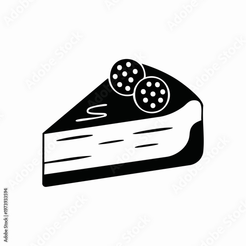 Black and white illustration of a cheesecake slice with blueberries