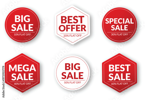 Red Sale Badge Set Discount Labels Collection Big Sale Best Offer Promotional Stickers Vector