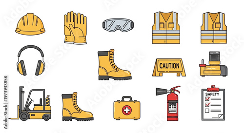 A flat vector illustration showcases essential safety equipment for World Day for Safety and Health at Work, including a hard hat, gloves, goggles, and vest, set against a clean white