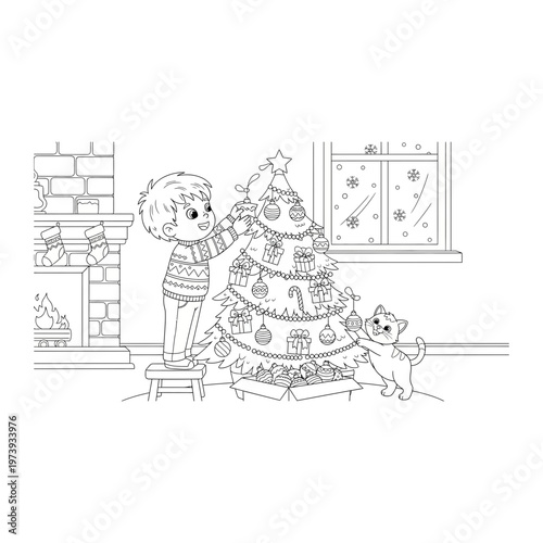 Boy placing star on christmas tree line art