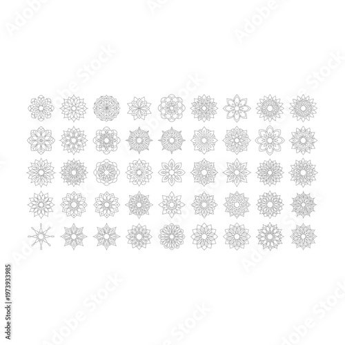 Collection of 50 geometric snowflake and flower mandala outlines