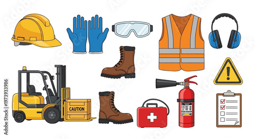 Colorful vector illustration promoting World Day for Safety and Health at Work, featuring essential industry safety equipment like a hard hat, gloves, vest, boots, and first aid kit
