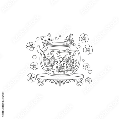 Whimsical fishbowl with cute animals and flowers