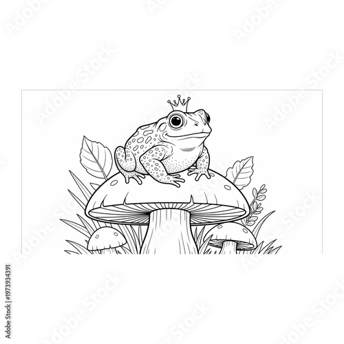 Line art frog wearing crown on mushroom with smaller mushrooms and foliage are