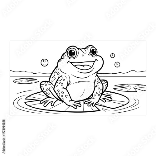 Happy frog sitting on a lily pad with suitable for coloring pages