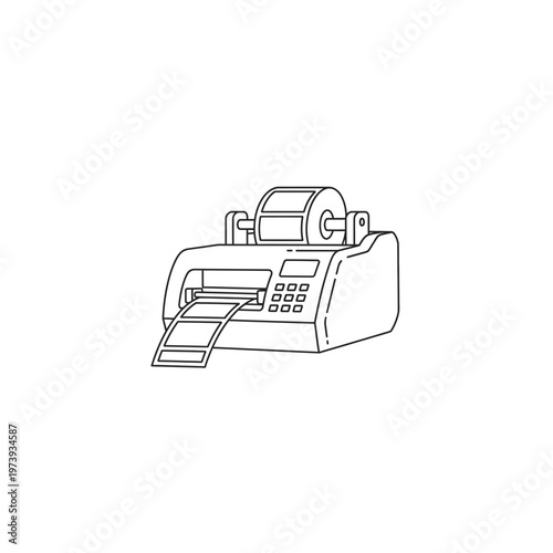 Thermal label printer with roll and printed labels outline with graphic represen
