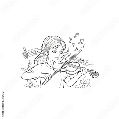 Happy girl playing violin in nature with music notes and butterflies