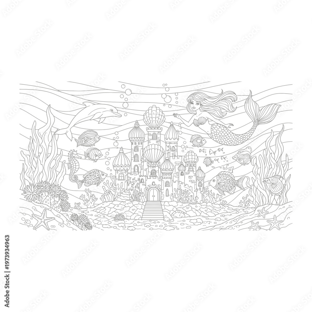 Obraz premium Underwater kingdom with mermaid and castle coloring page