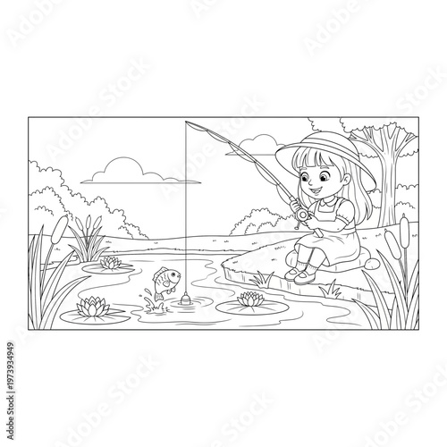 Little girl fishing at pond coloring page line art with a clean line art