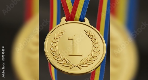 Golden Medal for First Place with Colorful Ribbon.