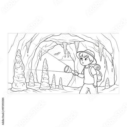 Explorer exploring a cave with flashlight