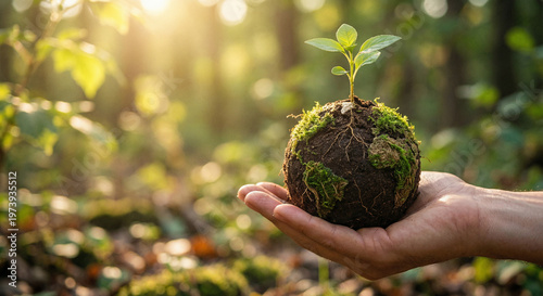 Foto A hand holding a small plant with visible roots and green moss, symbolizing growth and environmental care in a lush, sunlit forest