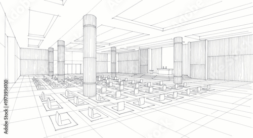 Architectural sketch of a modern interior space with columns and seating arrangements.