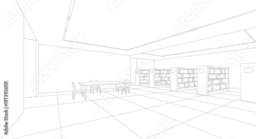 Architectural Sketch of a Modern Library Interior with Bookshelves and Tables.
