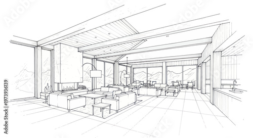 Architectural Sketch of a Modern Living Room with Fireplace and Large Windows.