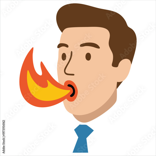 Man Has Heartburn Acid Reflux With Red Face And Fire Flame From Open Mouth Vector