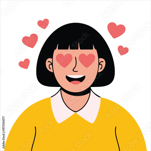 Romantic Female Character With Floating Heart Elements Flat Vector Art On Pink Background