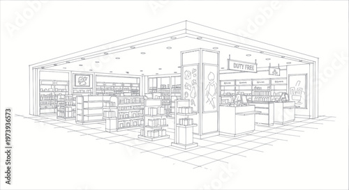 Architectural Sketch of a Modern Retail Store Interior Design.