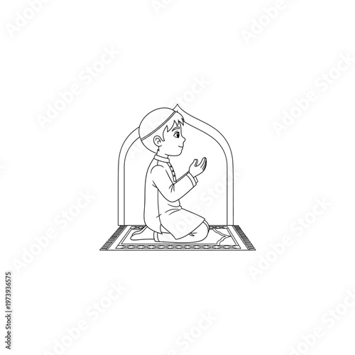 Young boy performing salah on prayer rug outline graphic