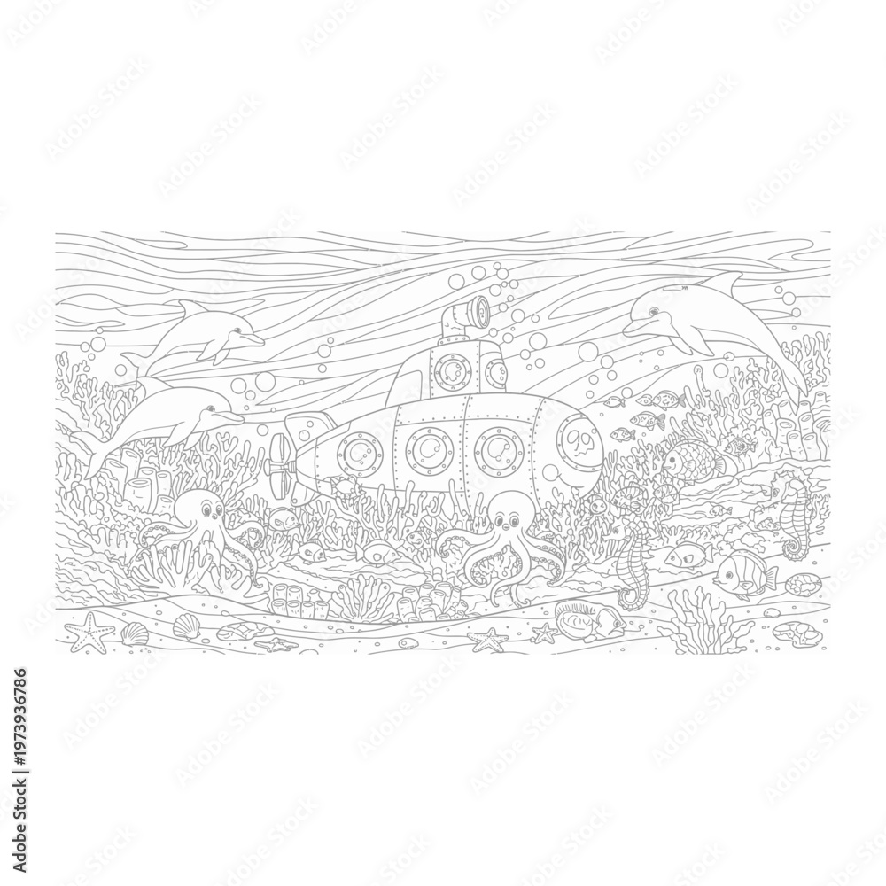 Fototapeta premium Underwater manatees and submarine coloring book illustration