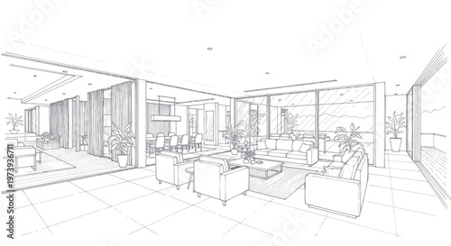 Architectural sketch of a modern spacious interior lounge design.