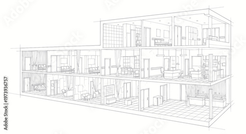 Architectural Sketch of a Multi-Story House Interior.