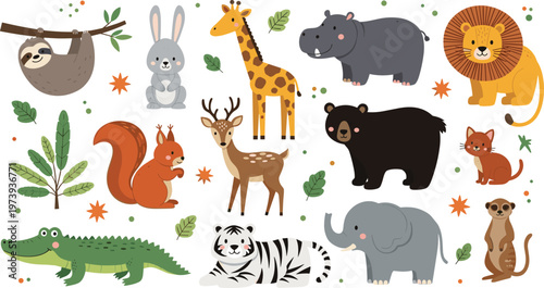 Cute Wild Animals Vector Illustration Set Featuring Lion, Giraffe, Elephant, Bear, Tiger, Crocodile, Sloth, Rabbit, and Deer in Flat Cartoon Style for Kids Design.