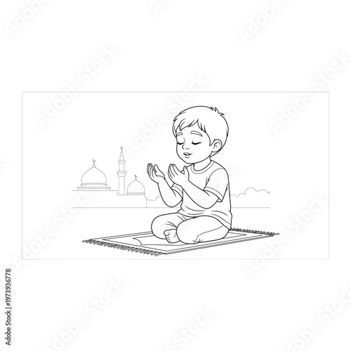 Black and white line art of a boy praying by a mosque