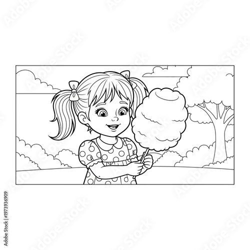 Girl enjoying cotton candy coloring page