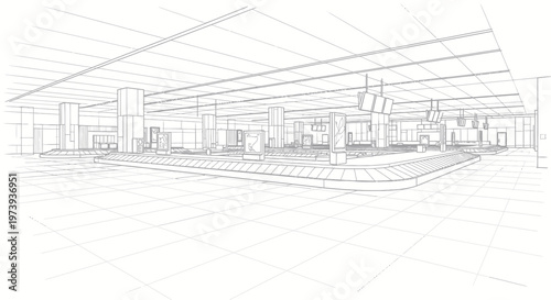 Architectural sketch of an interior space with structural elements.