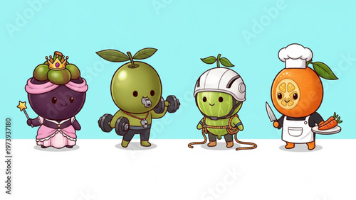 Cute Cartoon Fruit Characters Set with Different Professions and Roles