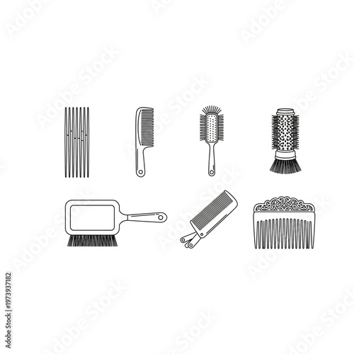 Collection of professional hairdressing brushes and combs icons