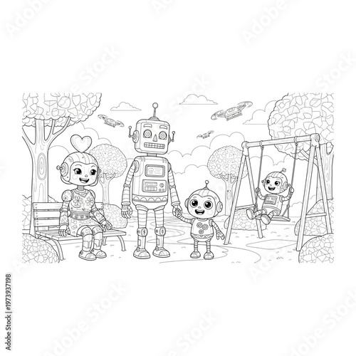 Robotic family playtime illustration coloring page