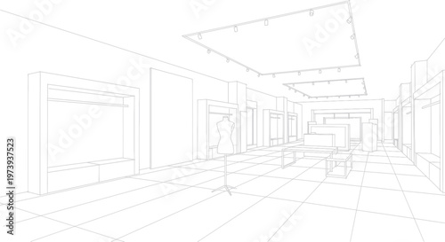 Architectural Wireframe Blueprint of a Modern Interior Space.