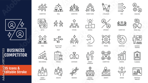 Business Competitor icon set. Icons related to competition, strengths, weakness, opponent, comparison, ranking, and more. Outline icon with Editable stroke. Vector illustration