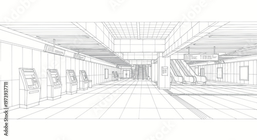 Architectural wireframe drawing of a modern subway station interior with escalators and ticket machines.