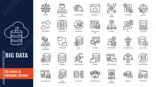 Big Data icon set. Icons related to database, data center, server, storage, hosting, and more. Outline icon with Editable stroke. Vector illustration